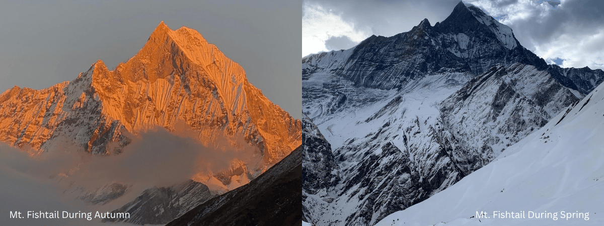 Mount Fishtail in two different season