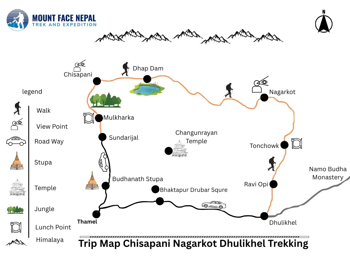 Trip Map Chisapani Nagarkot Dhulikhel Trekking