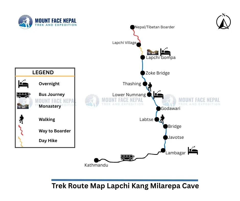 Trip Route Map Lapchi Kang Milarepa Cave Trekking